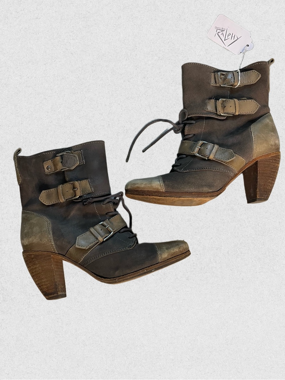 All Saints Vault Gray-Brown Leather Buckle Ankle Boots